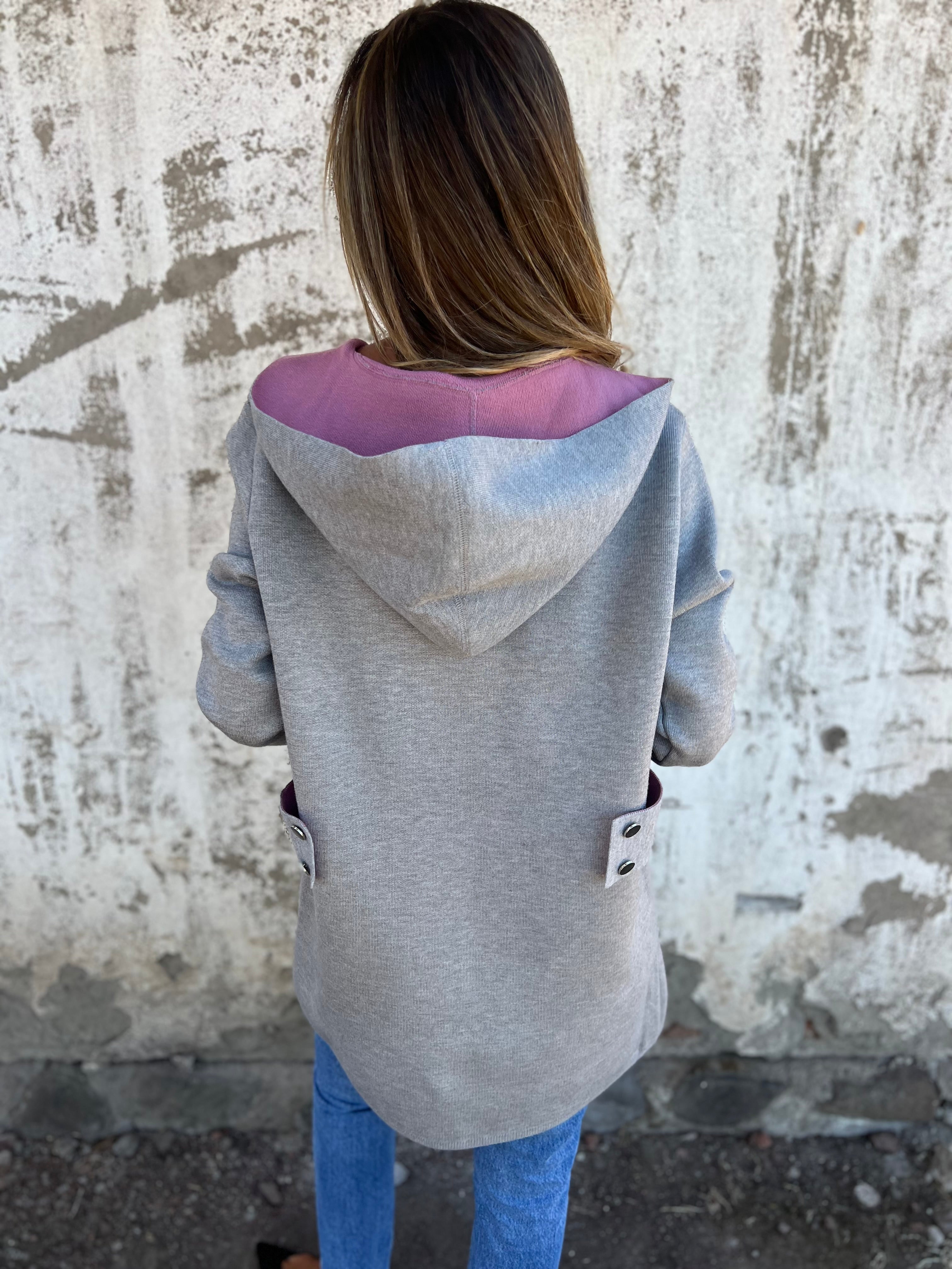 Two-tone gray and pink button coat