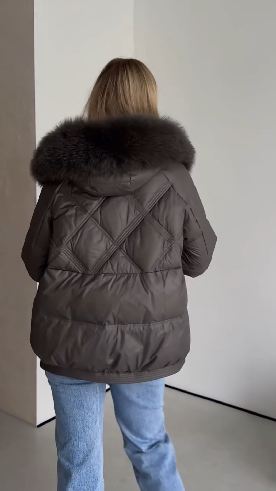 Gray Puffer Jacket with Oversized Faux Fur Hood