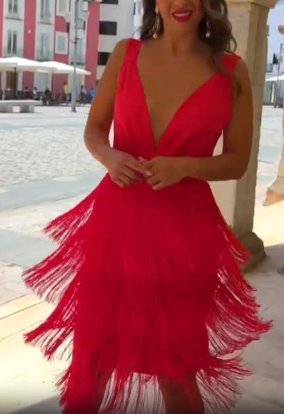 Tiered Fringe Deep V Midi Dress