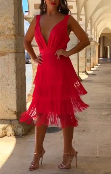 Tiered Fringe Deep V Midi Dress