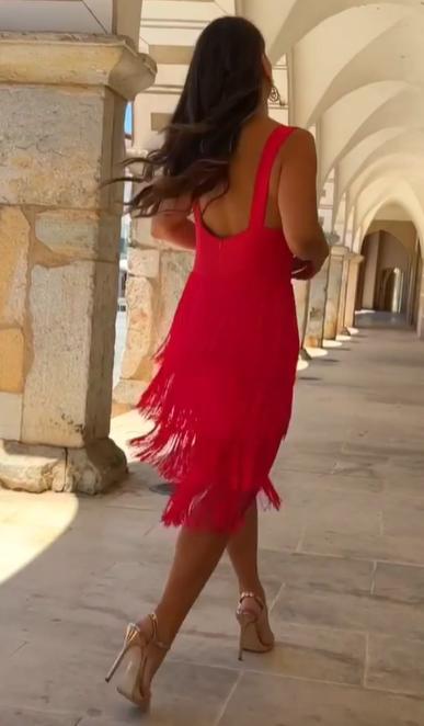 Tiered Fringe Deep V Midi Dress