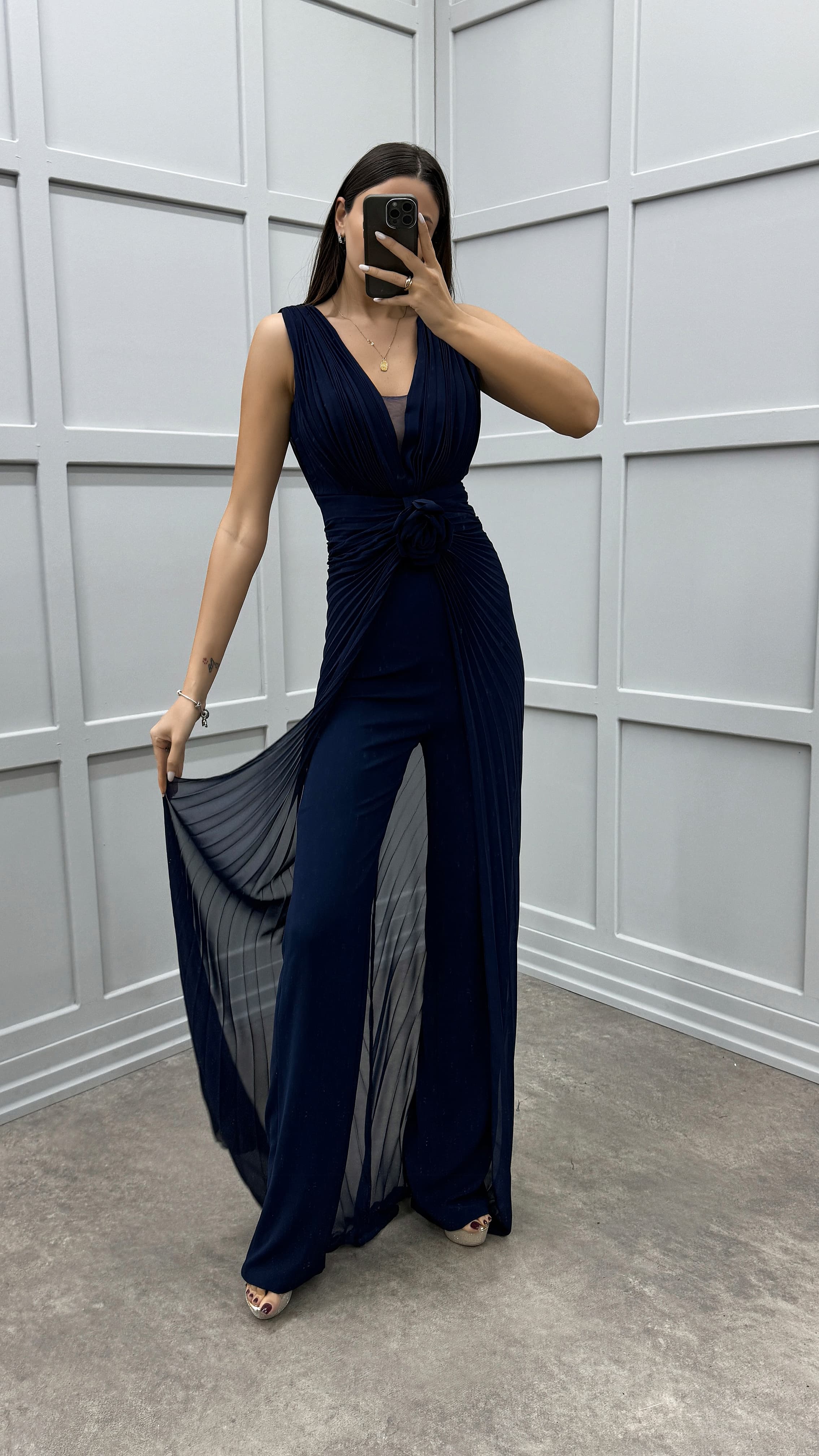 WAIST DETAIL PLEATED DESIGN EVENING DRESS JUMPSUIT