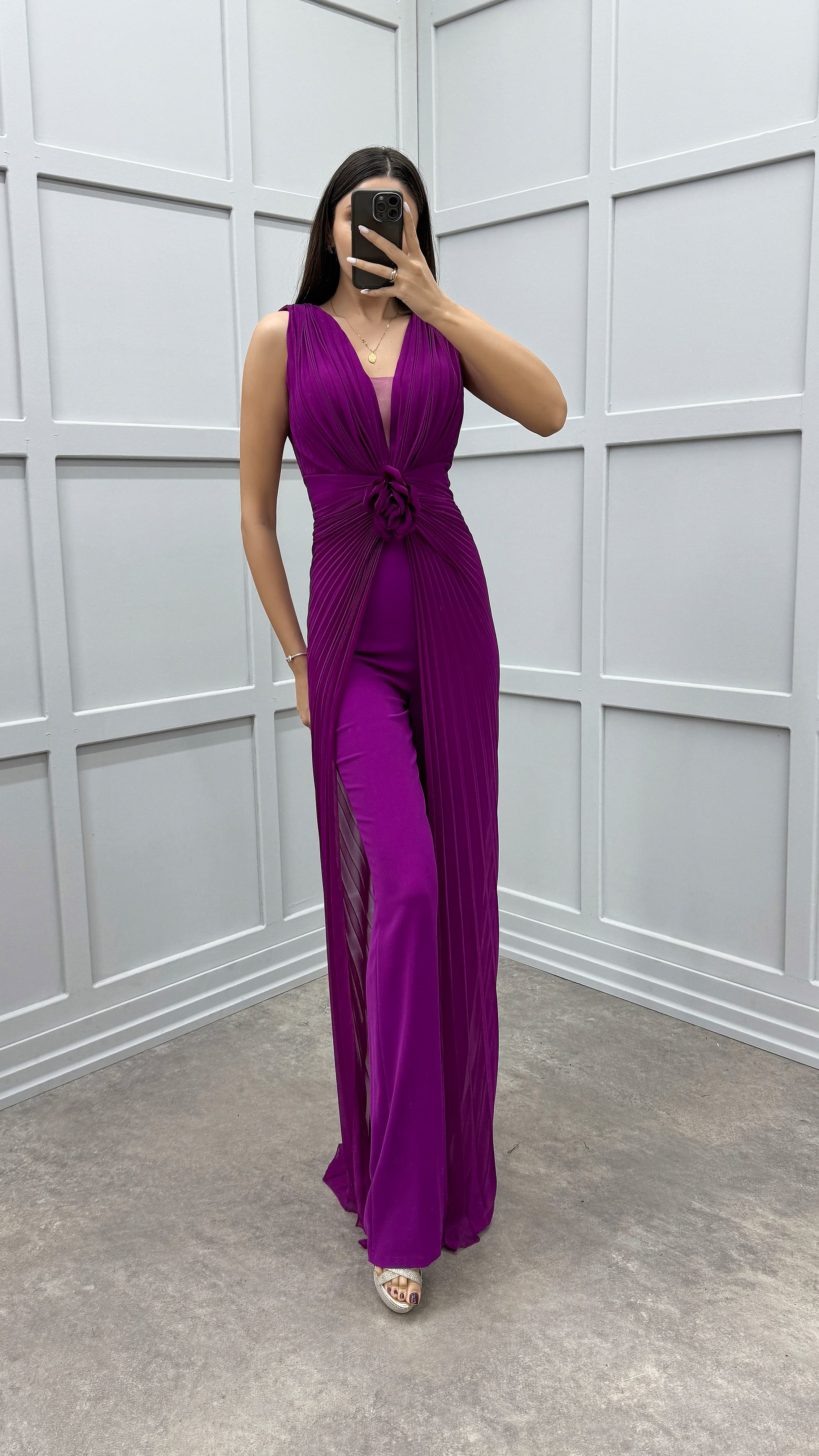 WAIST DETAIL PLEATED DESIGN EVENING DRESS JUMPSUIT