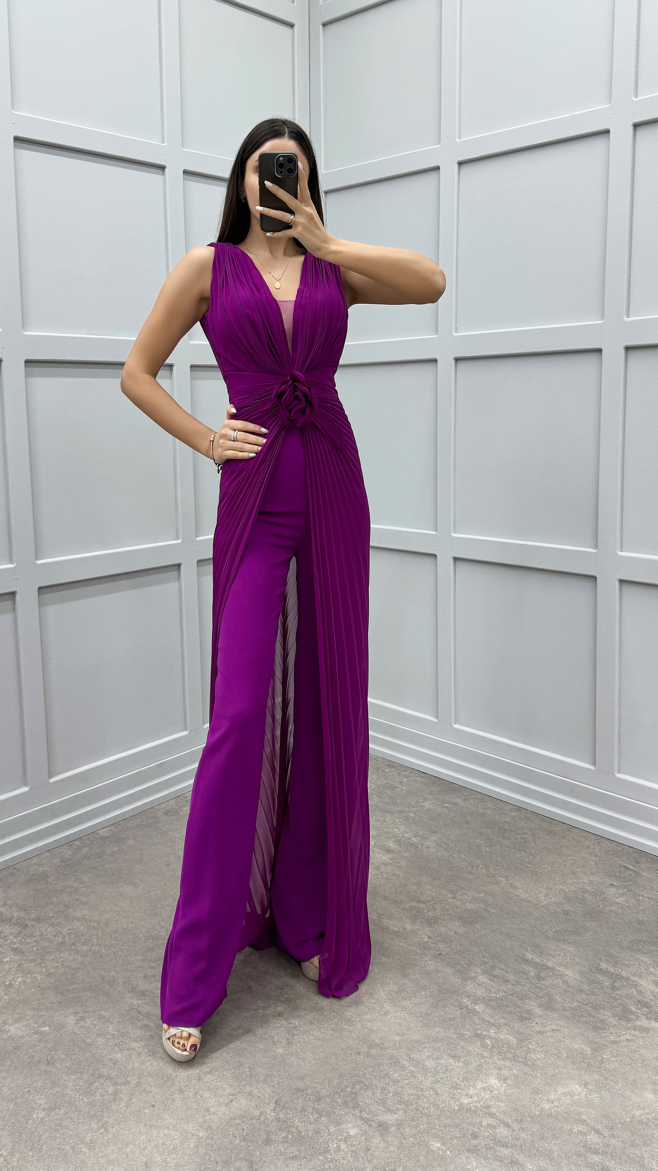 WAIST DETAIL PLEATED DESIGN EVENING DRESS JUMPSUIT