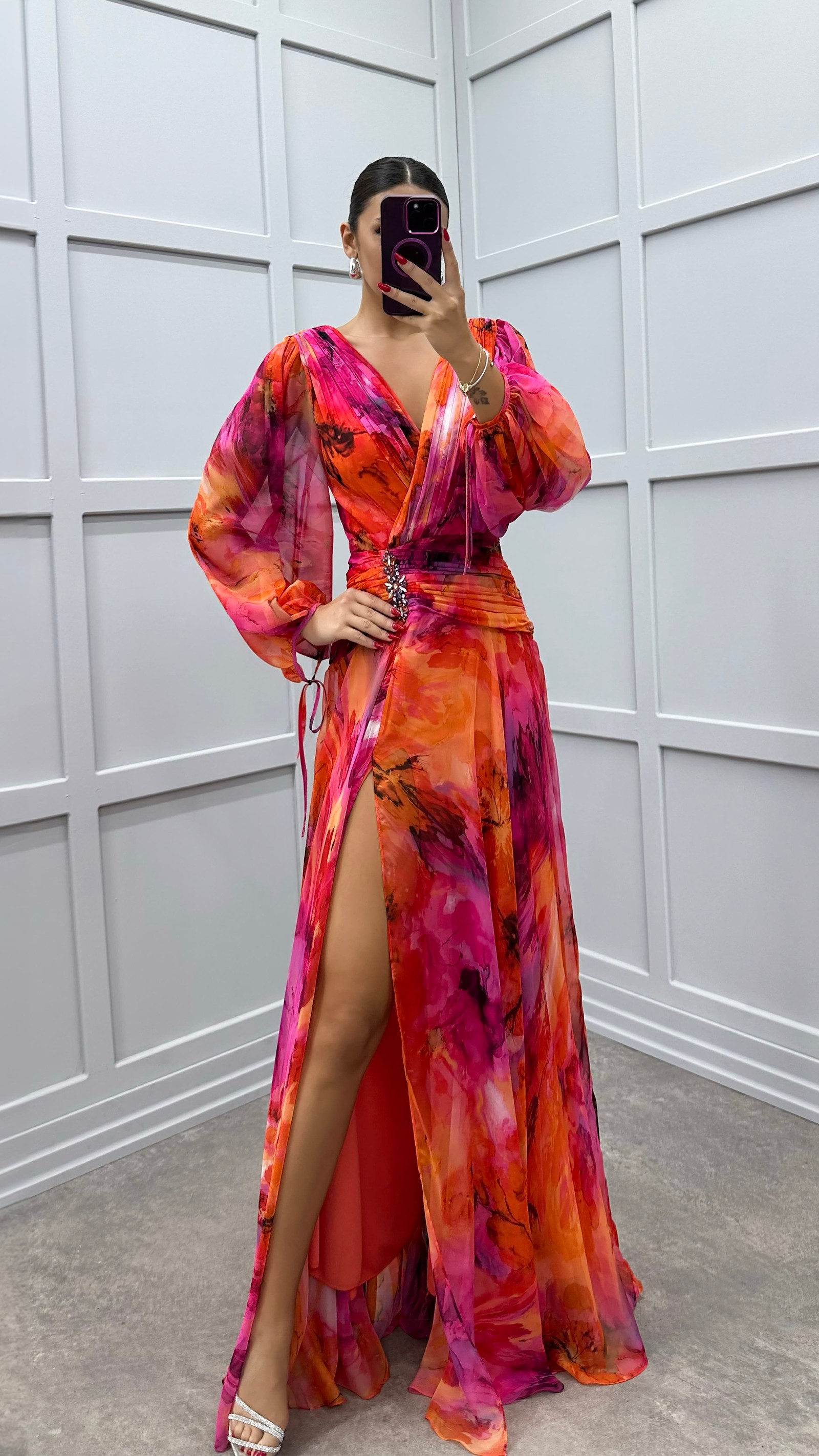ORANGE BALLOON SLEEVE WAIST DETAIL PATTERNED CHIFFON DRESS