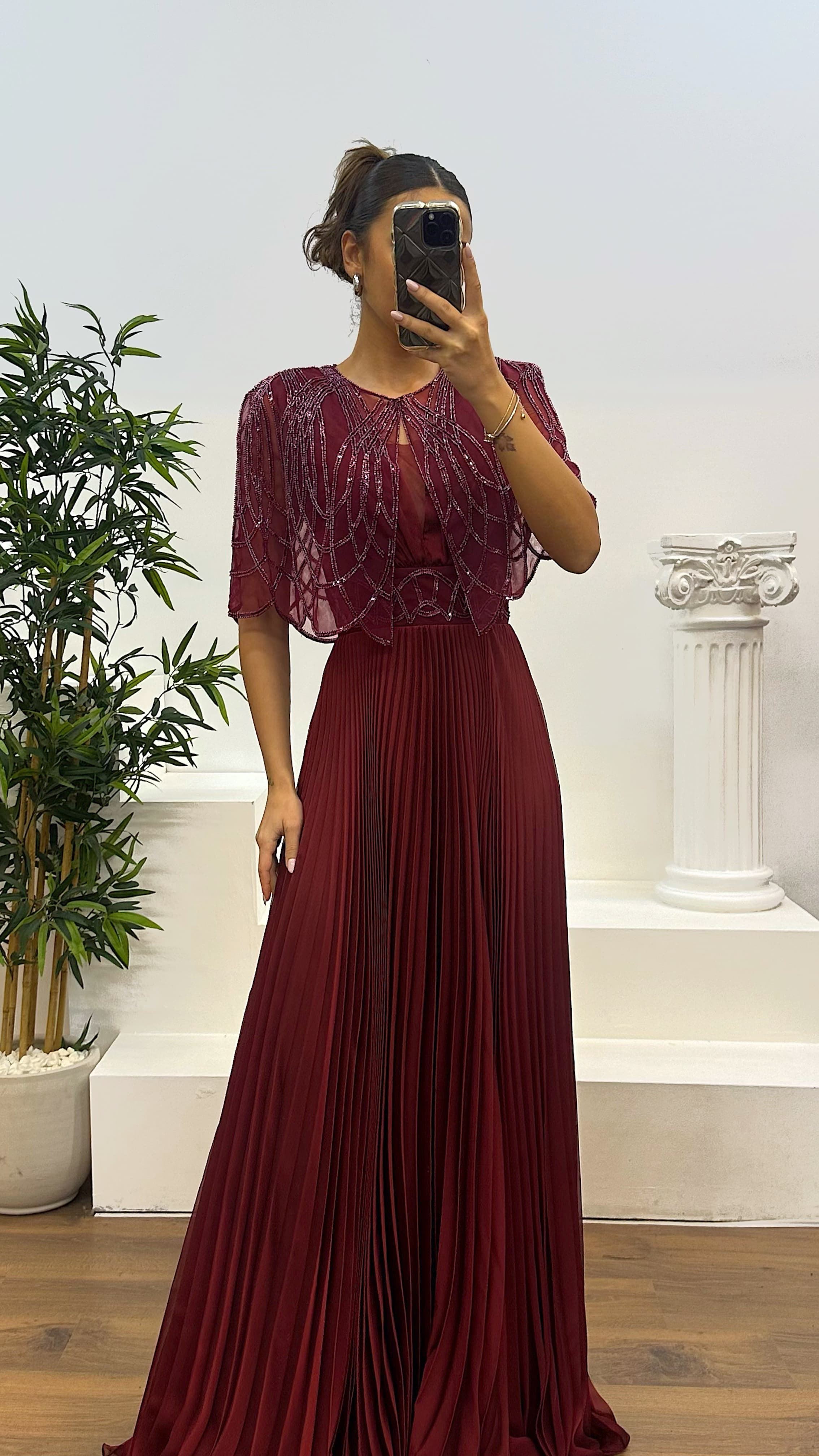 Collar Detail Pleated Evening Dress