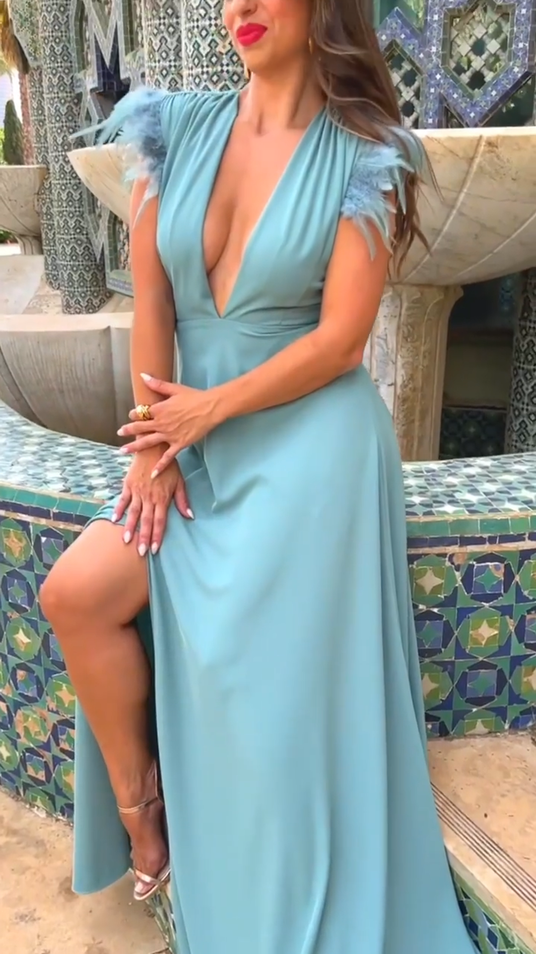 Mint feather-trimmed deep V-neck slit maxi dress