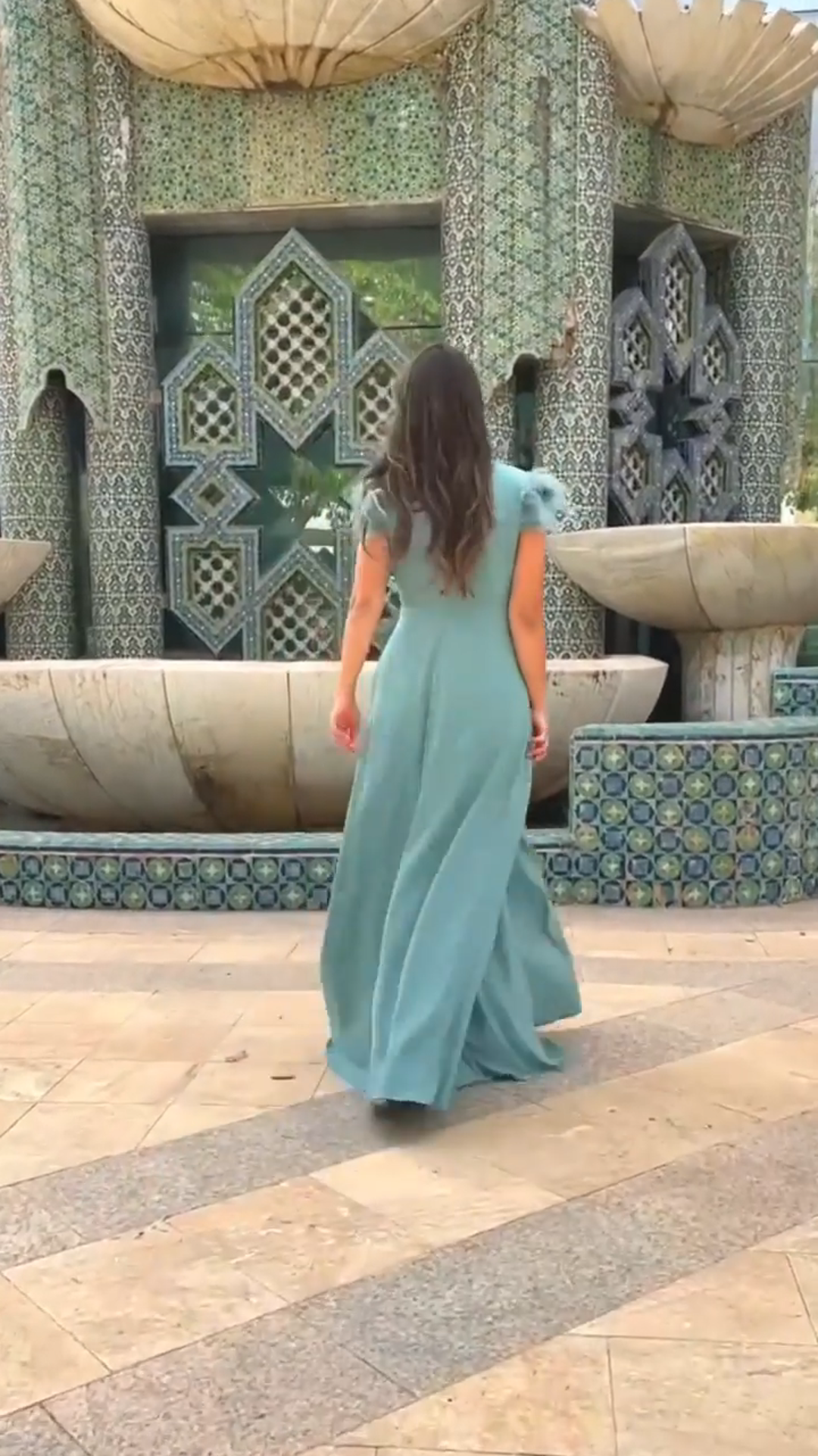 Mint feather-trimmed deep V-neck slit maxi dress