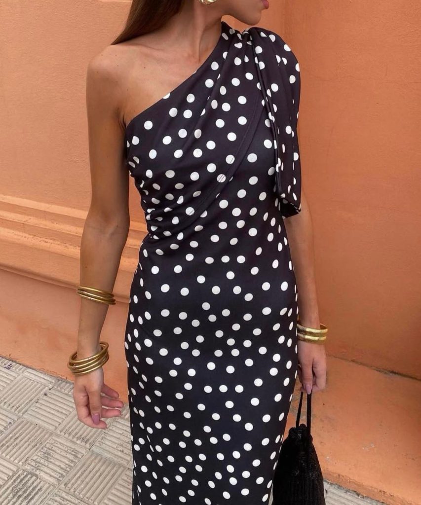 Polka dot one-shoulder dress