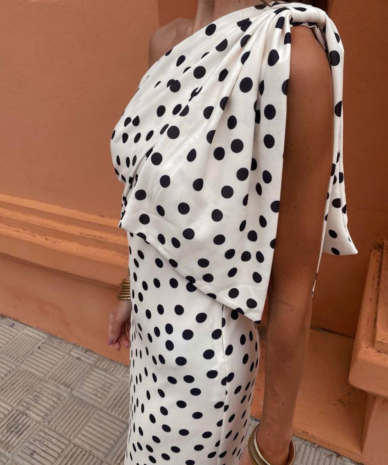 Polka dot one-shoulder dress