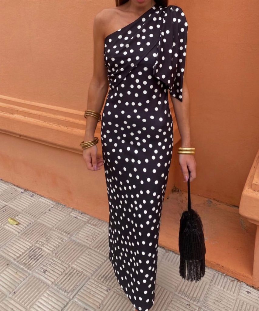 Polka dot one-shoulder dress