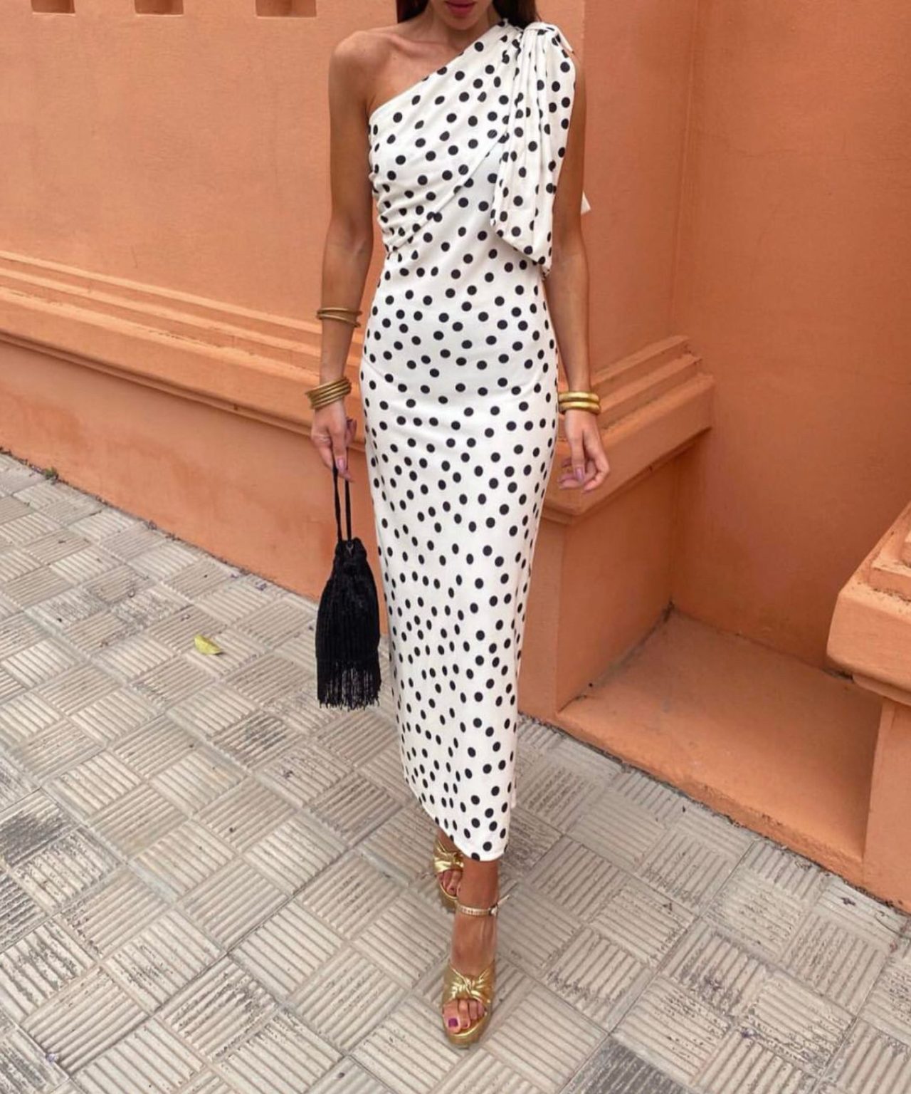Polka dot one-shoulder dress