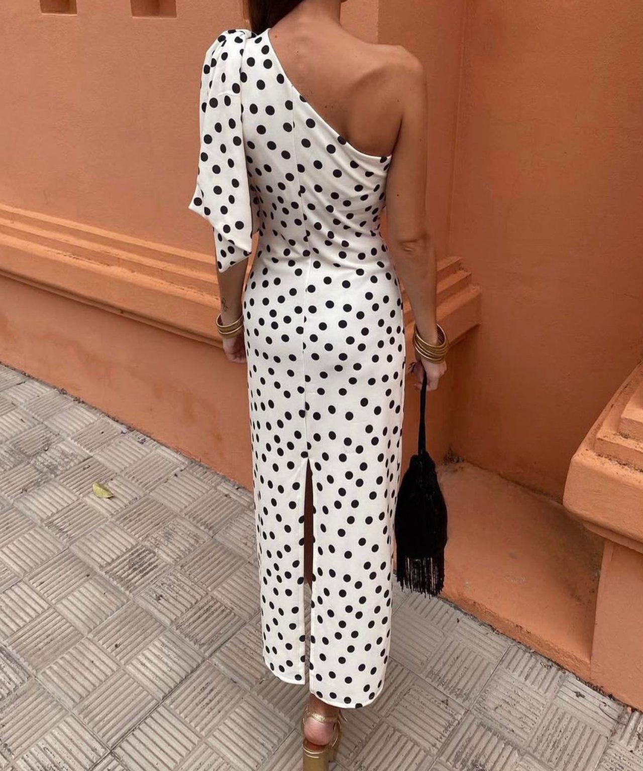 Polka dot one-shoulder dress