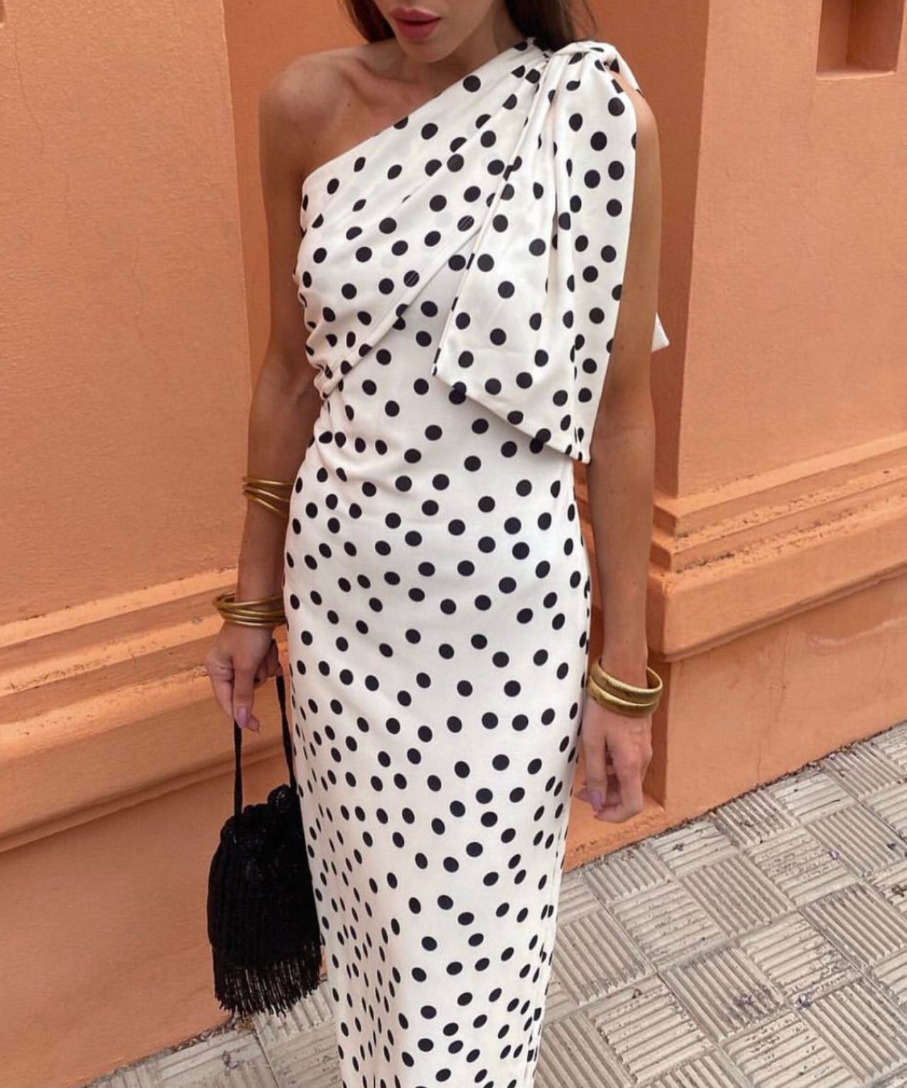 Polka dot one-shoulder dress