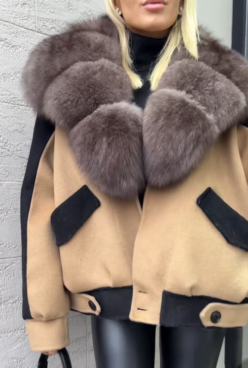 Wool - Blend Jacket with Faux Fur Collar