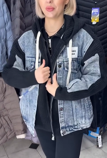 Denim and Knit Patchwork Hooded Jacket