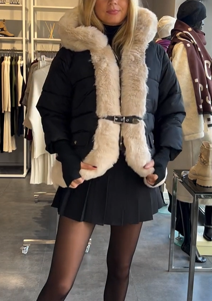 Short-length fur-trimmed button-down coat