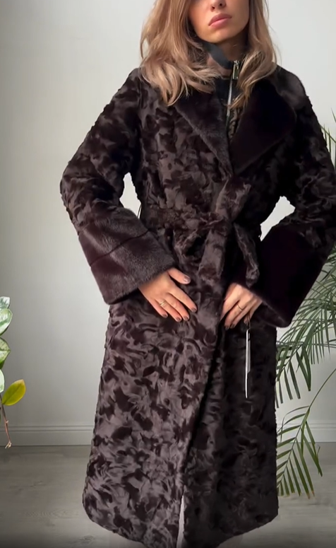 Patterned Faux Fur Coat with Belt