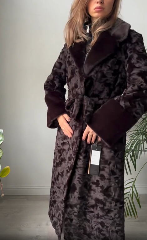 Patterned Faux Fur Coat with Belt