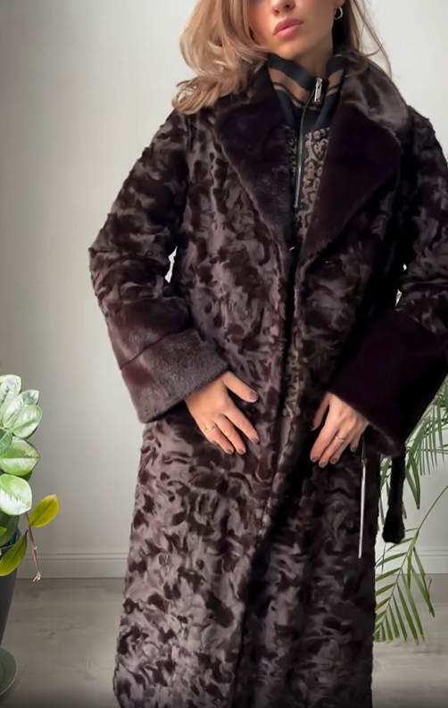 Patterned Faux Fur Coat with Belt