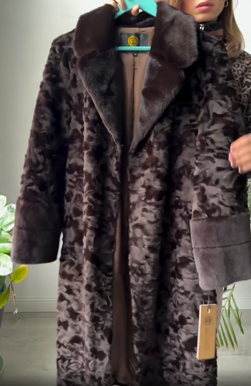 Patterned Faux Fur Coat with Belt
