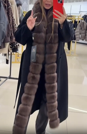 Fur-trimmed wool blend coat