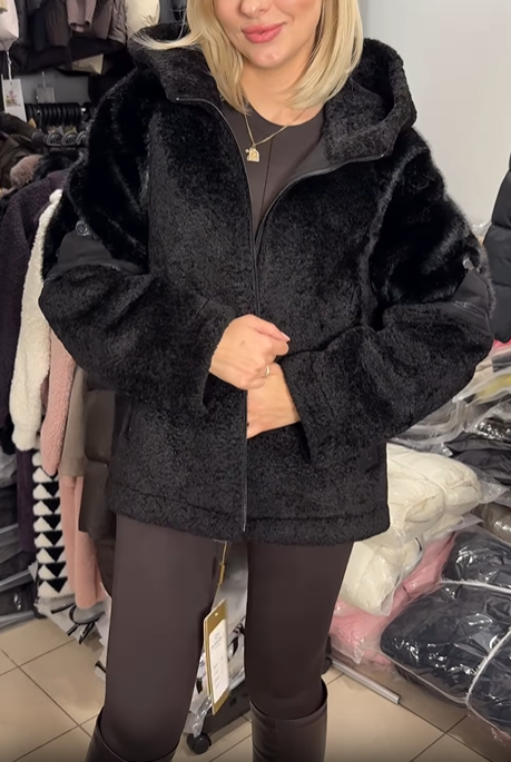 Faux Fur Hooded Jacket with Textured Details