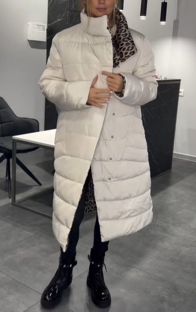 Reversible Down Coat with Leopard Print Detail