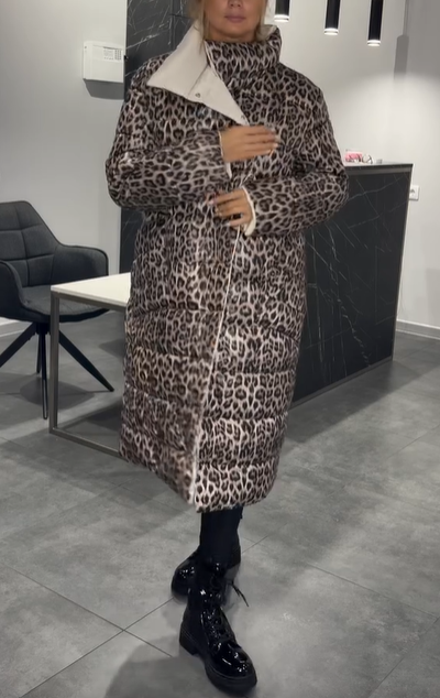 Reversible Down Coat with Leopard Print Detail