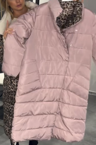 Reversible Down Coat with Leopard Print Detail