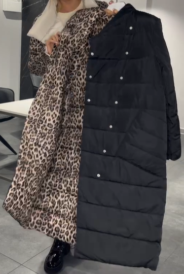 Reversible Down Coat with Leopard Print Detail