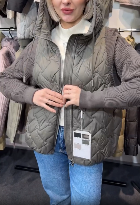 Quilted Jacket with Knit Sleeves and Hood