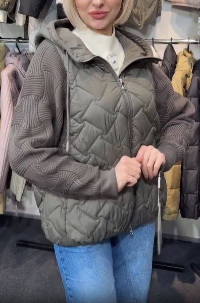 Quilted Jacket with Knit Sleeves and Hood