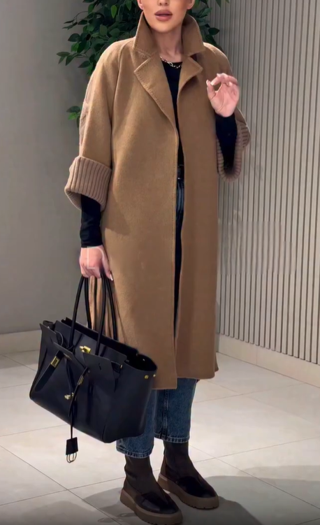 Spliced Wool - Blend and Cable - Knit Coat