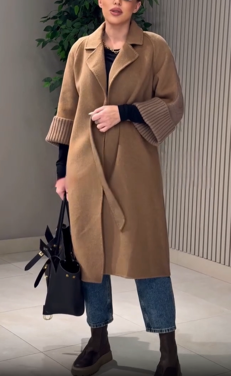 Spliced Wool - Blend and Cable - Knit Coat