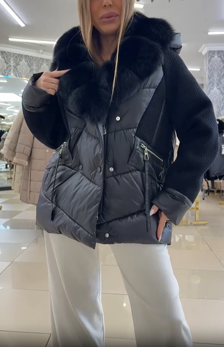 Knit-Sleeve & Puffer Hybrid Jacket with Faux Fur Collar