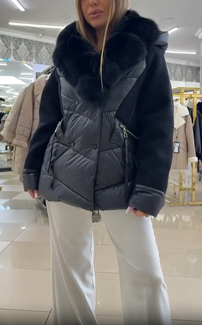 Knit-Sleeve & Puffer Hybrid Jacket with Faux Fur Collar