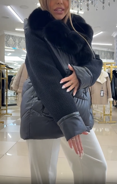 Knit-Sleeve & Puffer Hybrid Jacket with Faux Fur Collar