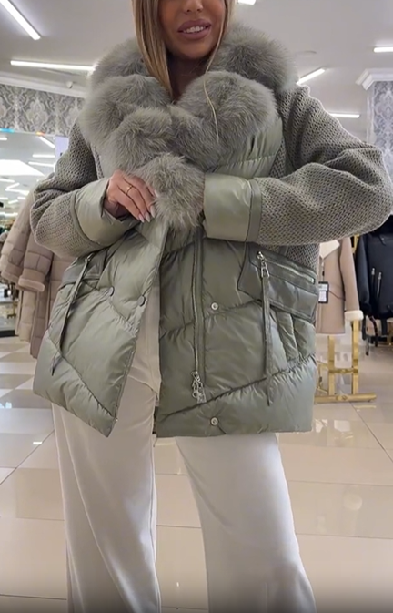 Knit-Sleeve & Puffer Hybrid Jacket with Faux Fur Collar