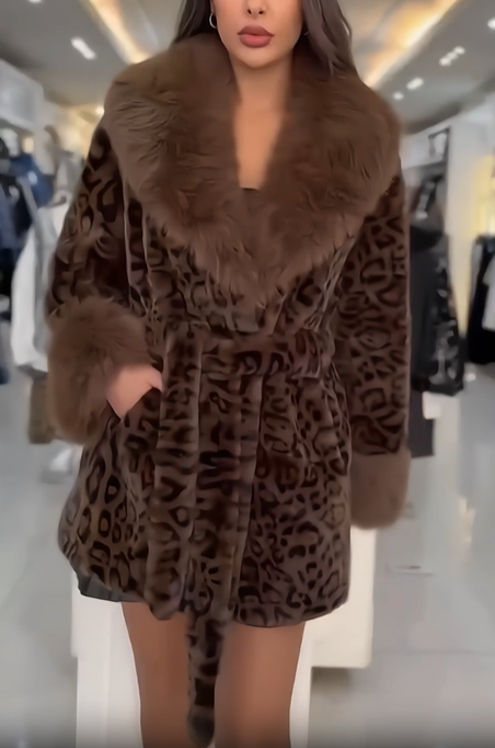 Faux fur leopard print coat with self-tie belt