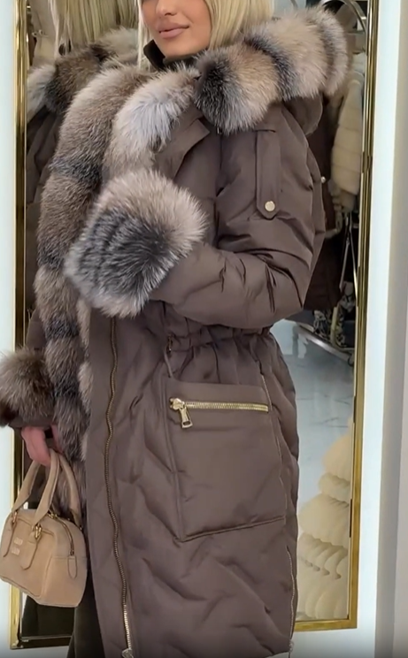 Mid-length hooded jacket with faux fur trim