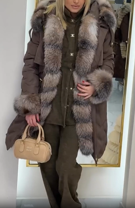 Mid-length hooded jacket with faux fur trim