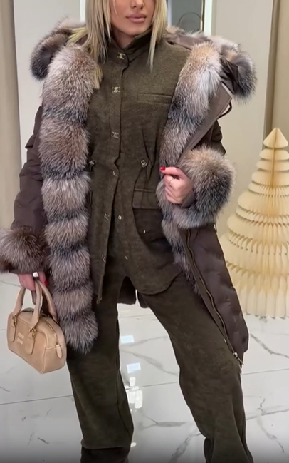 Mid-length hooded jacket with faux fur trim