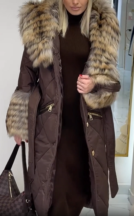 Diamond-Quilted Puffer Coat with Faux Fur Collar