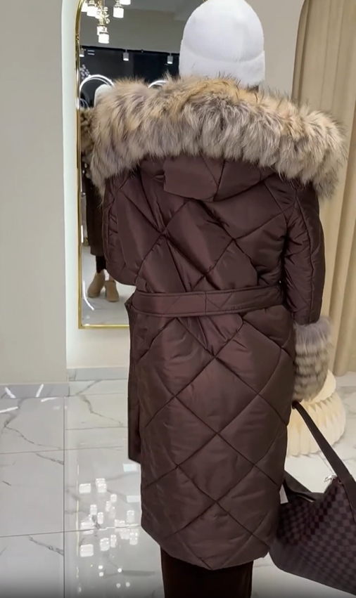 Diamond-Quilted Puffer Coat with Faux Fur Collar