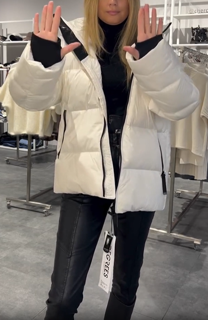 Thick hooded down jacket with built-in shoulder straps