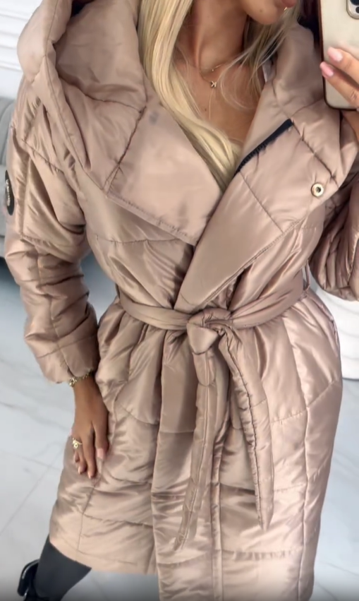 Belted Hooded Puffer Coat with Emblem Detail