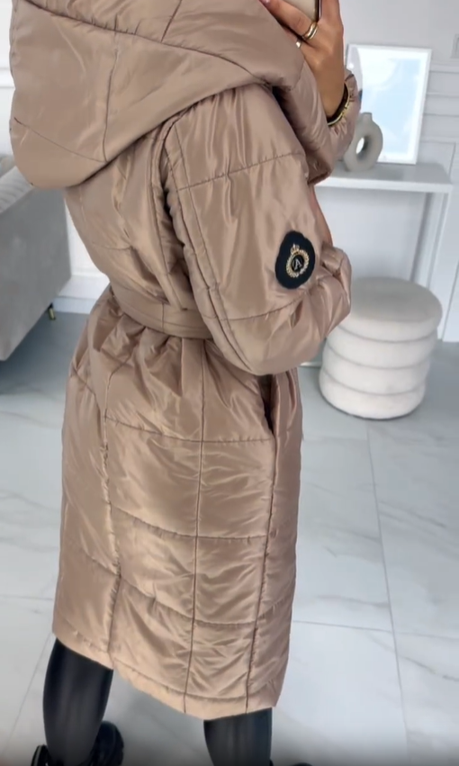 Belted Hooded Puffer Coat with Emblem Detail