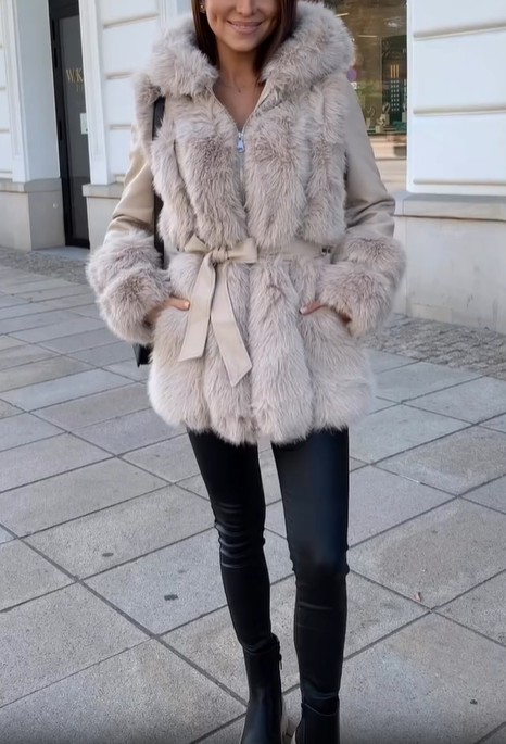 Faux Fur-Accented Belted Coat