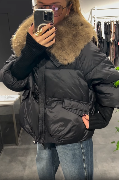 Short Puffer Jacket with Oversized Faux Fur Collar